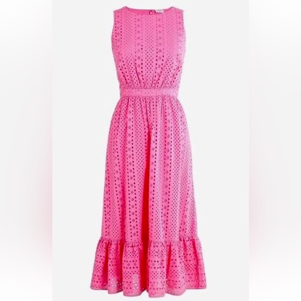 J.Crew Bubblegum Pink Cotton Eyelet Ruffle Midi Dress size 4 NEW